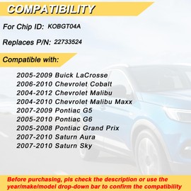Vurkcy Key Fob Replacement for 06-10 Chevy Cobalt/ 04-12 Malibu/ 07-09 Pontiac G5/ 05-10 G6/ 05-08 Grand Prix/ 07-10 Saturn Aura Sky/ 05-09 Buick Lacrosse Car Keyless Remote, KOBGT04A, 5 Btn