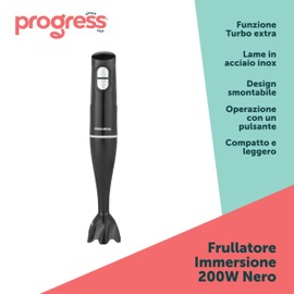 Progress Frullatore a immersione - funzione Turbo, lama in acciaio inox, design staccabile, funzionamento con un solo pulsante, zuppe, salse, frullatore per alimenti per bambini, 200W, nero