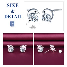 Yumilok Womens Girls 925 Sterling Silver Cute Dolphins with Zirconia Earrings Studs