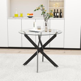 GOLDFAN Glass Dining Table Modern Kitchen Table with Black Metal Legs 31.5 Inch Small Round Dining Table for Apartment Kitchen Dining Room