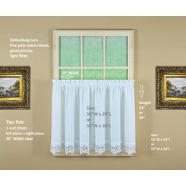 Today's Curtain, Heirloom Battenberg Eyelet Tier 36", White, 58" W x 36" L