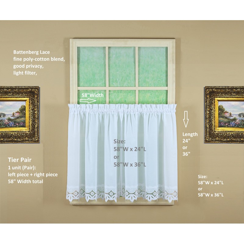 Today's Curtain, Heirloom Battenberg Eyelet Tier 36", White, 58" W