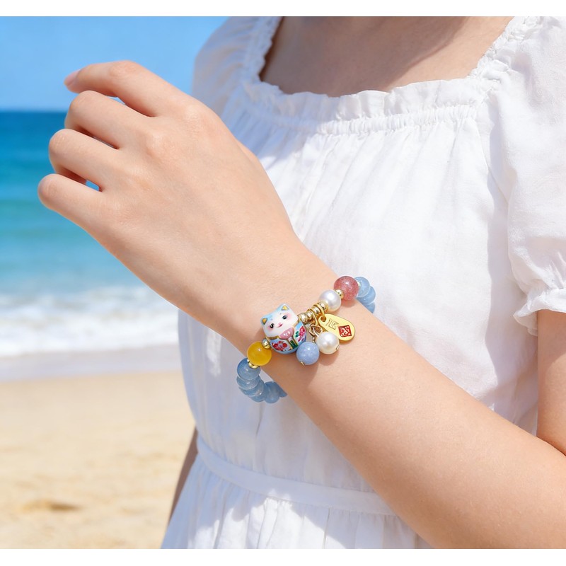 Feng Shui Lucky Cat Bracelet with Blue Crystal & Ceramic