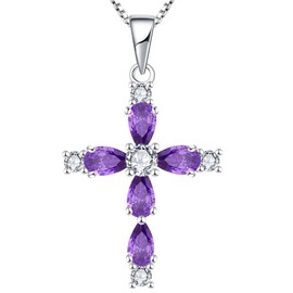 YL Kreuz Kette 925 Sterling Silber Februar Geburtsstein Amethyst Kruzifix Anhänger Geschenke für Damen Mama, 45-48 CM