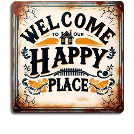Rustic Home Welcome Sign 8x8 inch – Vintage Metal Tin Wall Art, ‘Welcome to Our Happy Place’ – Cozy and Charming Decor for Entryway, Kitchen, or Patio