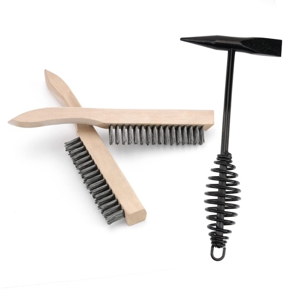 Welding Hammer with Coil Spring Handle,Wire Brush 9.5 Inch Wood