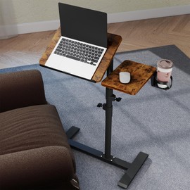YUHFERA Rolling Table for Laptop Stand, Height and Angle Adjustable Over Bed Table with Wheels, Tilt-Top Laptop Desk for Couch with Cup Holder, Bed Table Tray for Eating (Rustic)