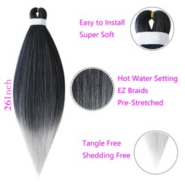 Pre Stretched Braiding Hair Extensions, 5 Pieces, Pre-Stretched Braiding Hair, Synthetic Extensions, Yaki EZ Pre-Stretched Synthetic Hair, Crochet Twist, Black & Grey