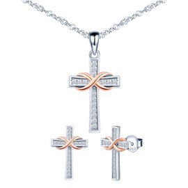 MICMIF Jewellery Cross Women's Earrings Necklace Jewellery Set 925 Sterling Silver Sparkling Zircon Cross Pendant with Infinity Symbol Chain and Stud Earrings Set for Women Girls, Sterling Silver Rose