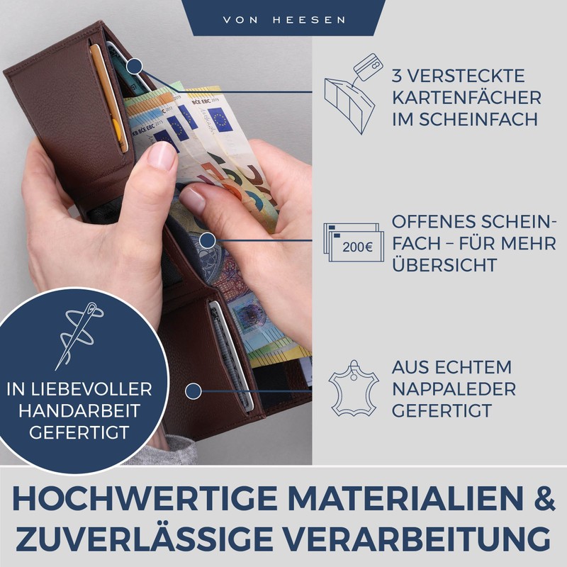 VON HEESEN slim wallet, dark brown, Without coin compartment