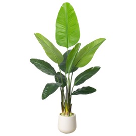 Aphighjoy 5FT Bird of Paradise Artificial Plants with White Planter - Fake Travelers Palm Tree with 10 Pcs Lifelike Leaves Realistic Trunks, Fake Plants Indoor for Home Office Room Decor (5 Ft-1Pack)