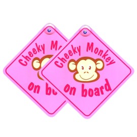Tek Automotive Pink Cheeky Monkey on Board Car Sign | Twin Pack | Baby on Board Sign for Car | 5.5" x 5.5" with Suction Cup | Baby Car Sticker | Fun Baby on Board Badge for Kids Safety