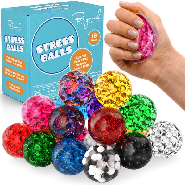 Stress Balls Set - 18 Pack - Stress Balls Fidget Toys For Kids and Adults - Sensory Ball, Squishy Balls With Colorful Water Beads,Anxiety Relief Calming Tool - Fidget Stress Toys for Autism & ADD/ADHD