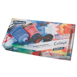 Schmincke - College Acrylic, acrylic color set with 8 x 75 ml tubes + 2 da Vinci College brushes, 83 7711 097, acrylic colors in study quality, basic assortment, silk matt and lightfast