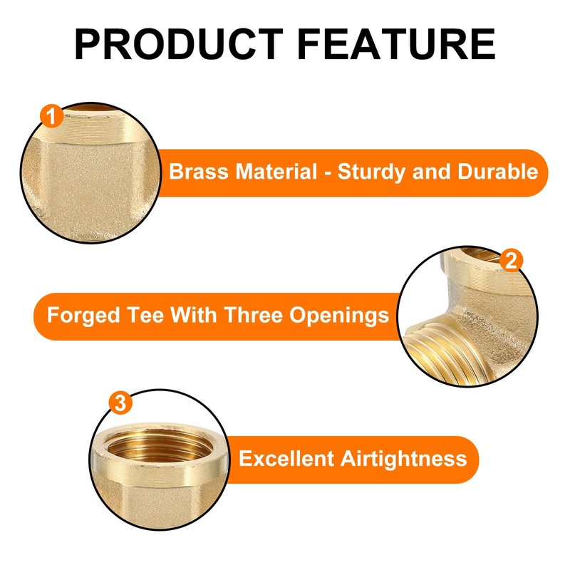 sourcing map Brass Tee Pipe Fitting, G1/2" x G1/2" x