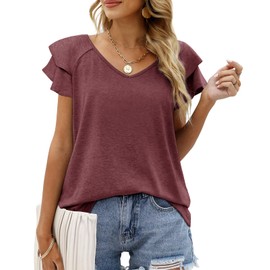 Summer Burgundy Tops for Women Short Sleeve Ruffle V Neck Casual T-Shirts Plus Size XXL