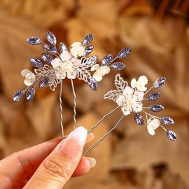 IYOU Flower Wedding Hair Pins Purple Crystal Bridal Hair Piece Leafs Prom Bridesmaid Hair Accessories for Women and Girls(Pack of 2)