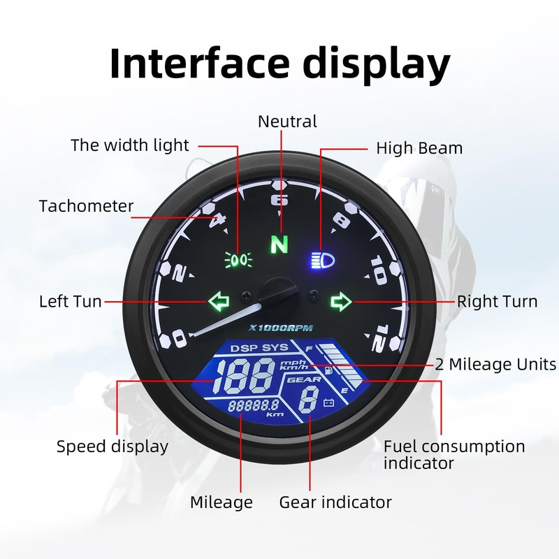 MH Universal Motorcycle Speedometer Digital Gauge Cluster - Motorcycle MPH