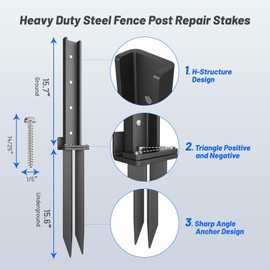 Thickened Fence Post Repair Anchor Kit, Heavy Duty Steel Fence Post Repair Stakes, Repair Tilted and Broken Wooden Post Support(6Pack/Black)
