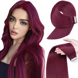Burgundy Human Hair Tape in Extensions, 24 Inch Tape in Hair Extensions Human Hair 20Pcs Tape Ins Straight Seamless Invisible Tape in Hair Extensions Human Hair (99J#, 24 Inch)