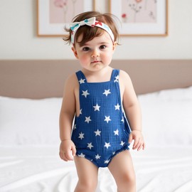 Baby Boy Girl 4th of July Clothes Stars Print Romper Overalls Cotton Linen Sleeveless Bodysuit Memorial Day Outfit (Blue, 12-18 Months)