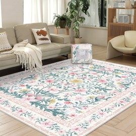 Simday 8X10 Area Rugs for Living Room, 600g Machine Washable Living Room Rug, Large Soft Retro Print Area Rug, Pink Non-Slip Rugs for Bedroom, Stain Resistant Carpet-Kitchen Dining Room