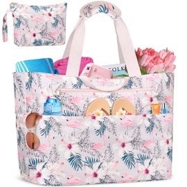 BTNEEU Beach Bag with Zip, Beach Bag, XXL Family Extra Large 50 L Swimming Bag, Waterproof Sandproof Beach Tote Bag for Women, with 14 Pockets, Shopper for Travel, Fitness, Pool (Pink Flamingo)