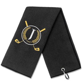 CGFN Golf Towel Gift, Golf Gifts for Men, Women Microfiber Waffle Golf Towels with Embroidered Monogrammed |16”x 24”Golf Towels for Golf Bags with Clip for Men (Black, Initial-J)