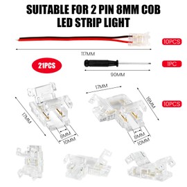 Pack of 20 COB LED Strip Connectors, Solderless LED Connector 2 Pin for 8 mm Wide COB LED Strip 2 Pin, 10 Pieces LED Corner Connector and 10 Pieces Transparent Centre Connector LED Strip Connector for