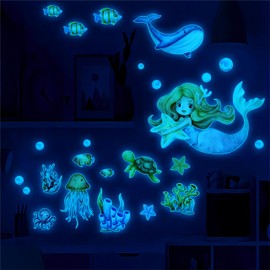 Mermaid Wall Sticker for Children's Room Luminous Sea Animals Wall Sticker Fluorescent Wall Sticker Sea World Whales Luminous Sticker Enfant et Fille Bleu