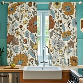 Pakena Boho Floral Kitchen Curtains Sets 36 inches Retro Farmhouse Vintage Rustic Bohemian Flower Wildflower Small Short Bathroom Curtains Window Treatment Tiers Drapes (2 Panels, 52 inches Wide)