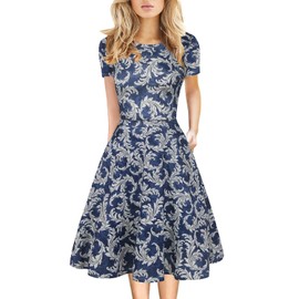 Floral Print Dress Wear to Work Short Sleeve Flared with Pocket Knee Length 60's Vintage Clothing Plus Size 162 (Blue-White, XXL)