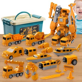 HIULLEN Magnetic Deformation Robot Construction Site Vehicles Car Toy Set for Children, Robot Toy Building Blocks Gift with Storage Box for 3+ Boys Girls Birthday Gifts