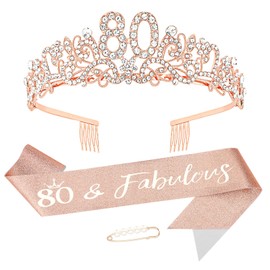 KIUEZIR 80th Birthday Crown & Sash Set in Rose Gold - Durable Alloy & Rhinestone Flowers Tiara Tiara with Non-Slip Combs, Glitter Sash & Pearl Pin for Decoration 80th Birthday