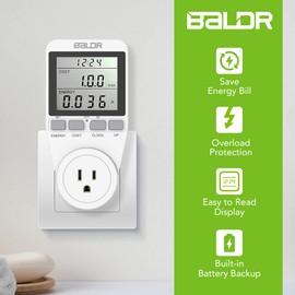 BALDR U.S. Electricity Usage Monitor for Home - Appliances Kilowatt Meter Sockets - Wattage Meter Plug In to Measure Energy Usage - Home Energy Monitor with Easy to Read Display - Single Tariff