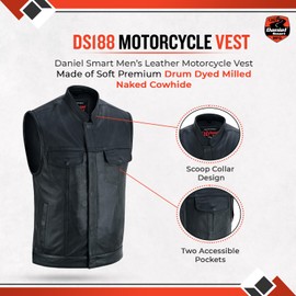 Daniel Smart Men leather vest Premium Cowhide Motorcycle Leather Vest with Design and Armory Pockets