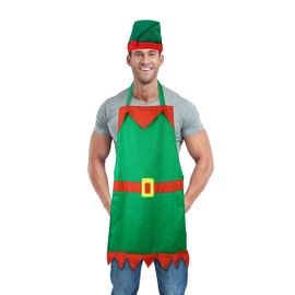 HENBRANDT 1 x Adult Christmas Elf Apron and Green Elf Hat Novelty 2-Piece Set Green Elf Costume and Hat Christmas Apron Holiday Party Server Unisex Xmas Kitchen Accessories for Men and Women