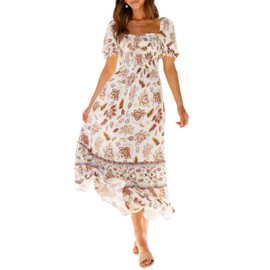 ZESICA Women's 2025 Summer Boho Floral Print Square Neck Ruffle Swing Beach Long Maxi Dress,Ivory,X-Large