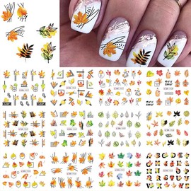 (12 in 1) Fall Nail Stickers for Nail Art - SHANRUN Autumn Maple Leaf Letter Falling Leaves Nail Art Stickers Decals Water Transfer Printing Self-Adhesive Nail Tattoo Stickers Nail Supplies Decoration