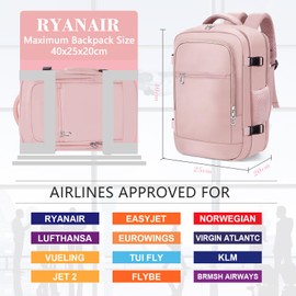 BAHIWOM for Ryanair Cabin Bags 40x20x25 Underseat Travel Backpack Carry-Ons Hand Luggage Cabin Bag Size 20L, Daypack School Office Bag with USB Port, Trolley Sleeve, Anti Theft Pocket (Pink)
