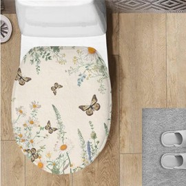 Garucesta Toilet Seat Lid Cover for Bathroom Quick Dry Stard Toilet Lid Cover Easy Installation with Elastic Straps Toilet Home Decoration 17.3 x 13 inch, Butterfly Daisy Flower Cream White