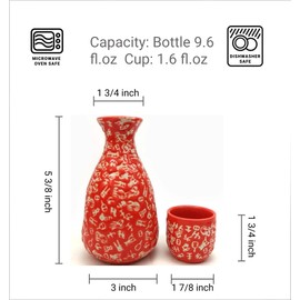 JapanBargain, Porcelain Sake Set Sake Bottle and Sake Cups Saki Set, Microwave Safe, 9.5 oz (Red-Calligraphy)