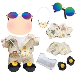 Pack of 6 17 cm Plush Doll Clothes, Summer Style Plush Doll Clothes Outfit, Kitten Pendant, Printed Shirt and Shorts, Vest, Sunglasses, Yellow Duck Slippers, Suitable for Children & Collectors