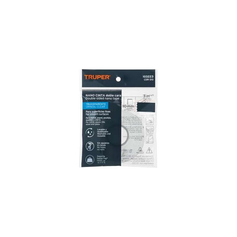 Truper CDR-310 Cinta doble cara reutilizable, transparente 3mx10mm