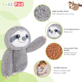 SUZZIPAD Microwavable Stuffed Animal, Heated Sloth Plush for Anxiety, Bedtime, Cuddle & Companion, Soreness & Stress Relief, Warmer Plueshies, Microwave Heating Pad, Gifts for Women, Gray