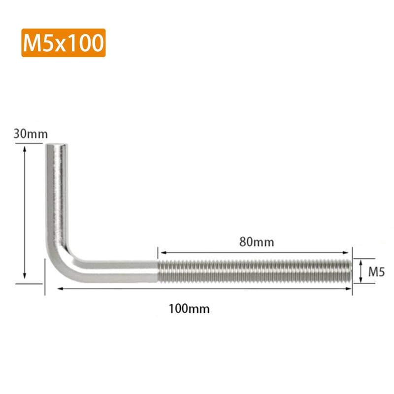 (20 Pieces) M5x100mm L Shape Foundation Bolts 304 Stainless Steel