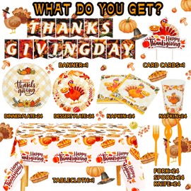 171 Thanksgiving plates and Napkins Sets,dinnerware Includes thanksgiving Disposable Plates,Napkins,Cups,Turkey Sign,Thanksgivings flag and Touchdown Tablecloth for Holiday Party,Serves 24