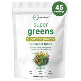 Micro Ingredients Super Greens Powder, 1lb | 100 Superfood Blend with Daily Greens, Fruits, Vegetables, Mushrooms & Probiotics | Source of Vegan Protein & Enzymes | Non-GMO, Gluten-Free, No Additives