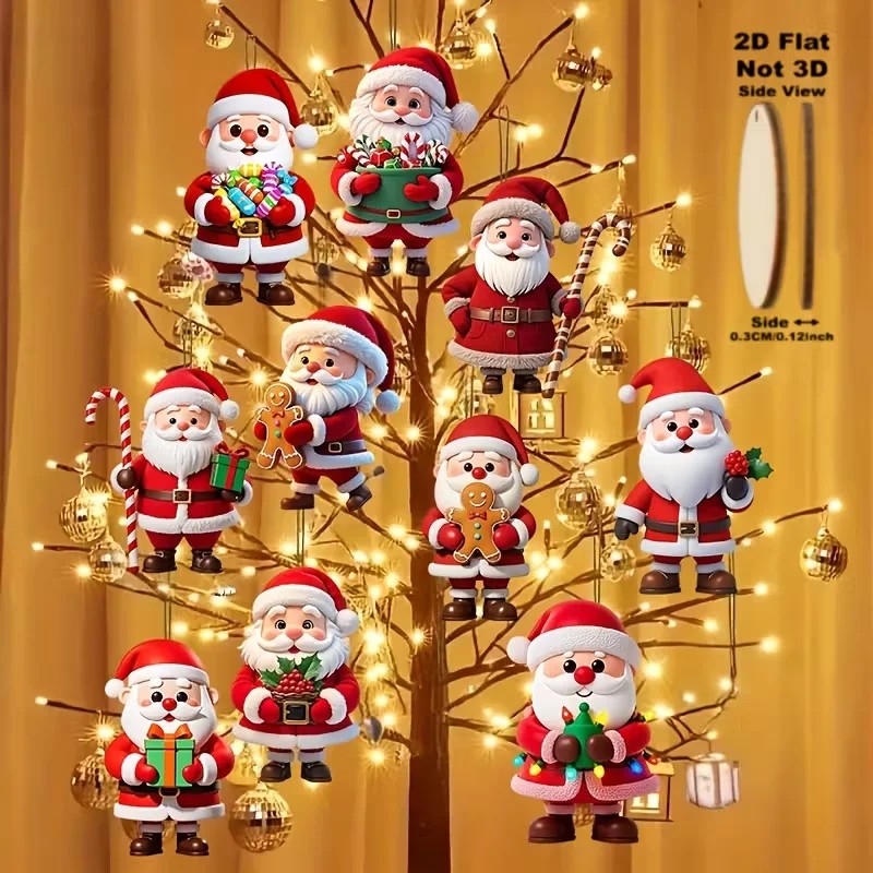 10-Piece Flat Wooden Santa Christmas Ornaments for Tree Decorating –