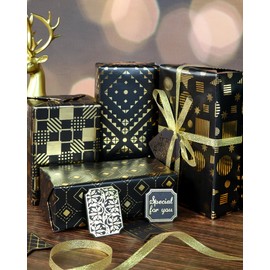 Birthday Wrapping Paper Set, 6 Sheets Metallic Black Gold Foil Wrapping Paper, Luxury Gift Wraps Set with Tags for Boys Girls